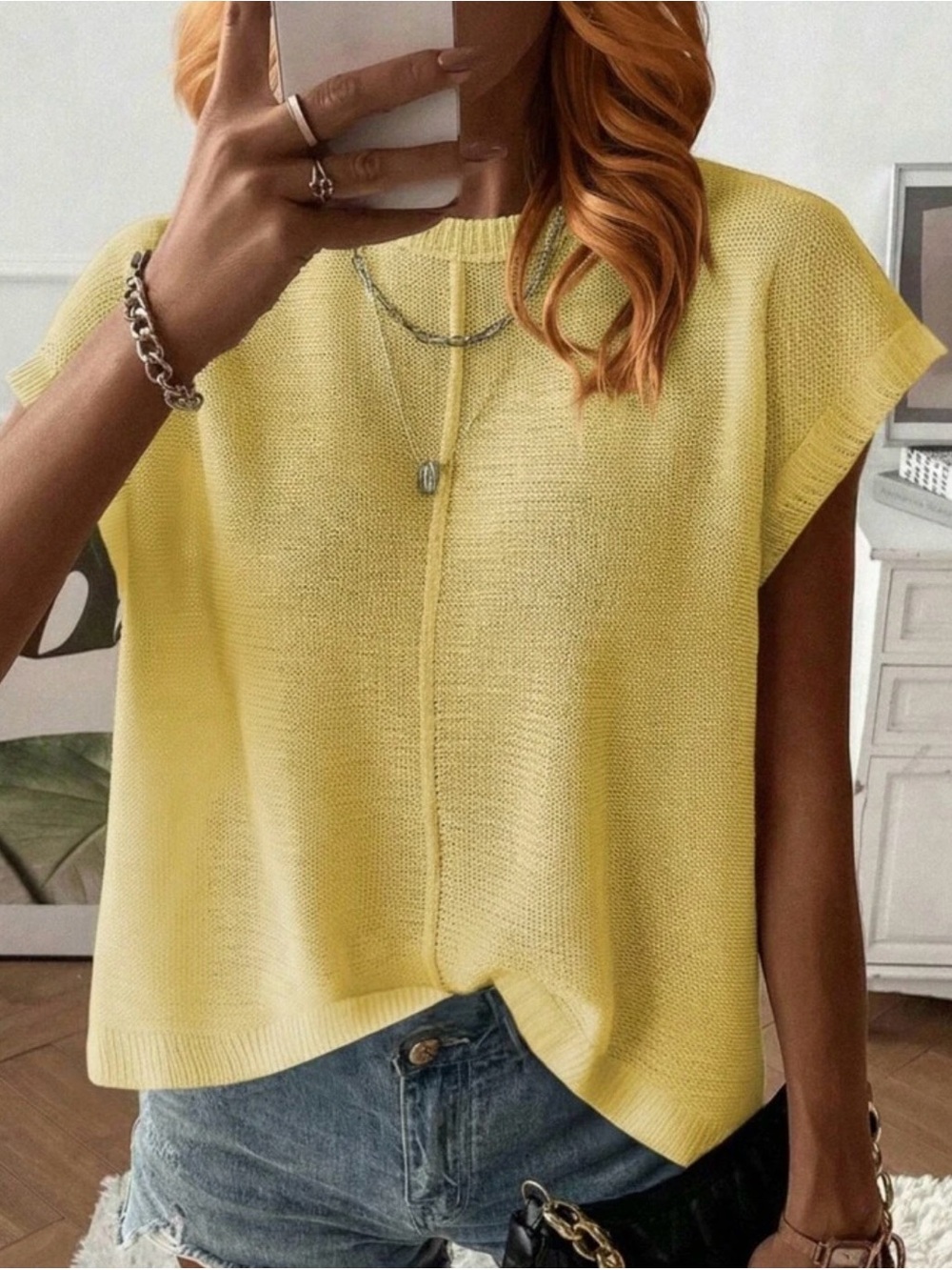 SHEIN Yellow Knit Cap Sleeve Top